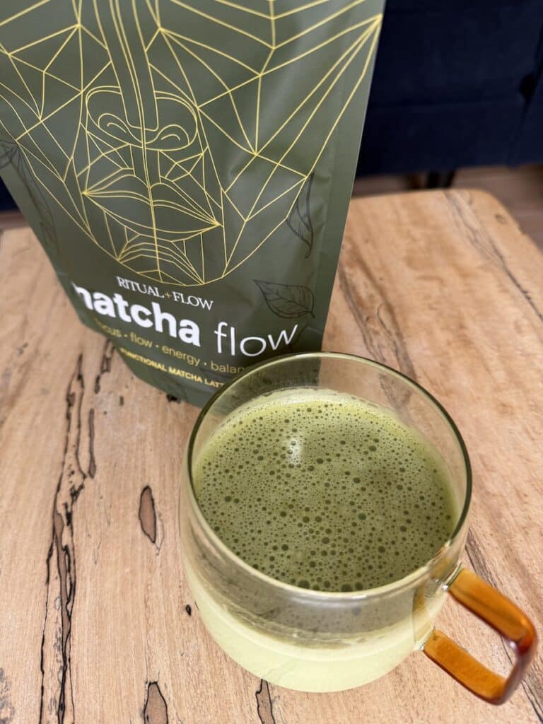 matcha flow packet and drink